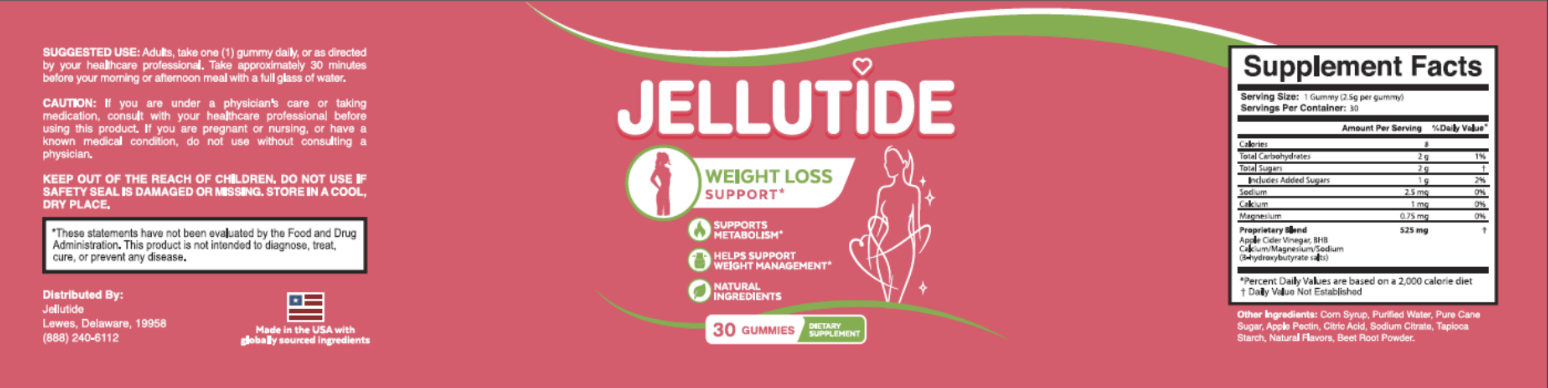 The full Jellutide bottle label with suggested use, supplement facts and other ingredients